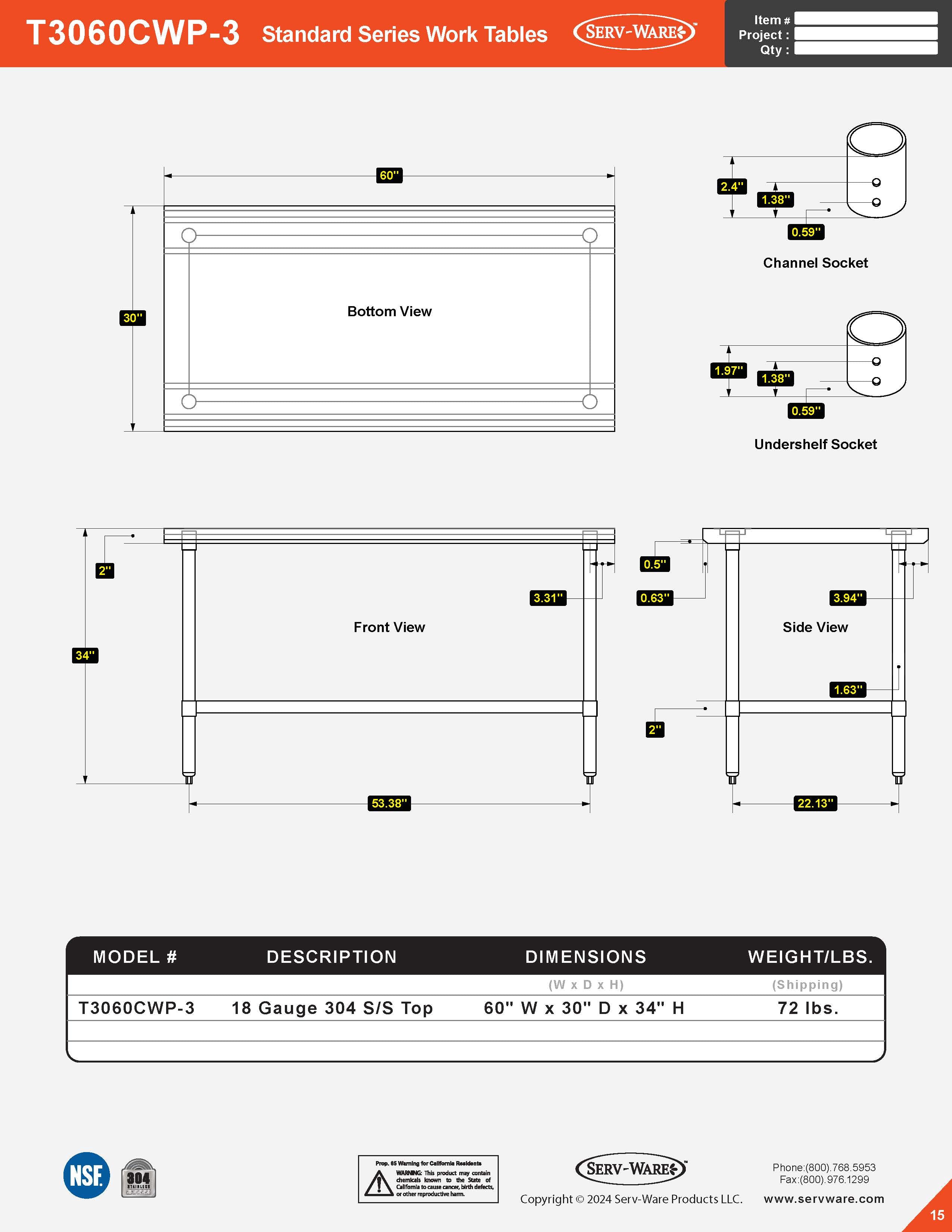 30” x 60” Standard Series Work Table, T3060CWP-3