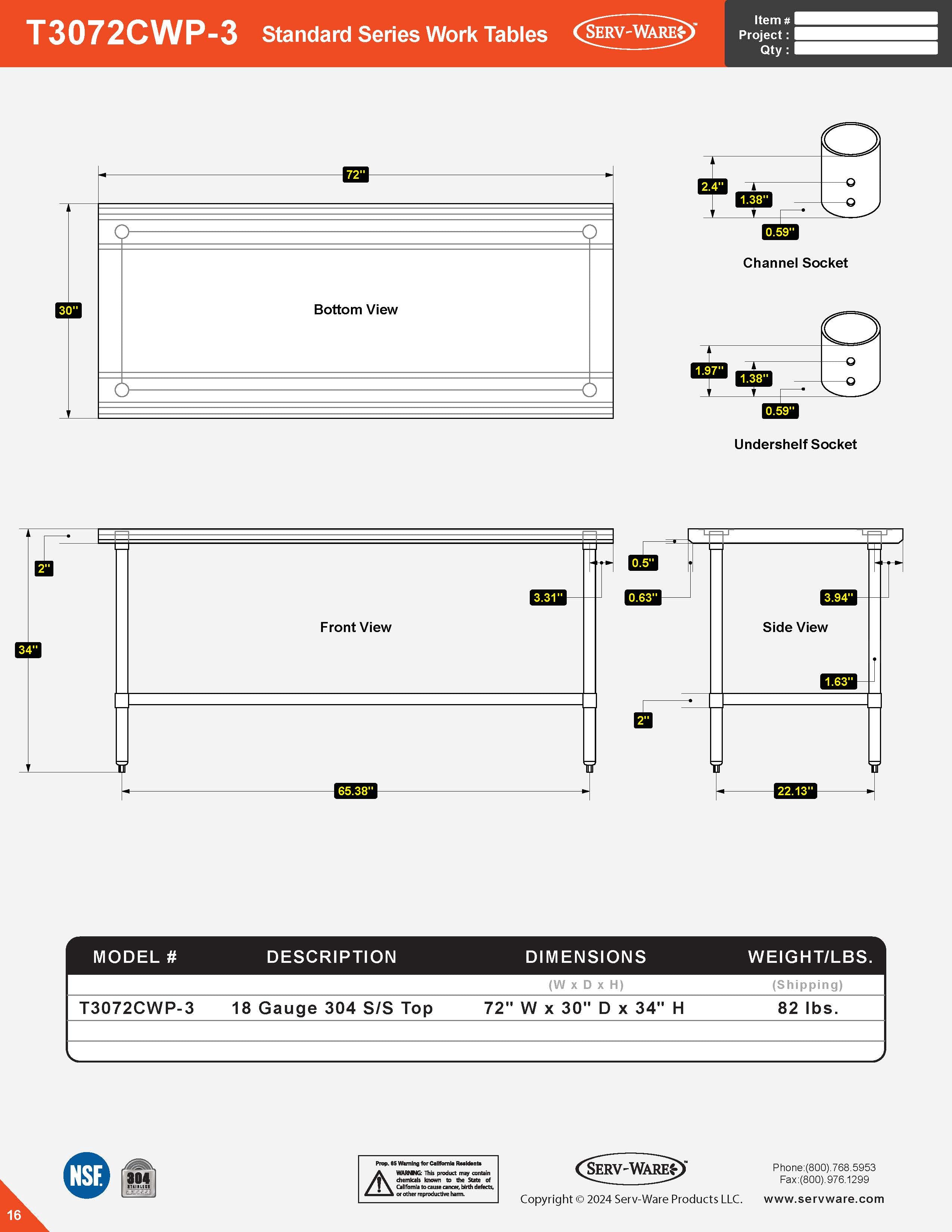 30” x 72” Standard Series Work Table, T3072CWP-3