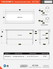 30” x 72” Standard Series Work Table, T3072CWP-3