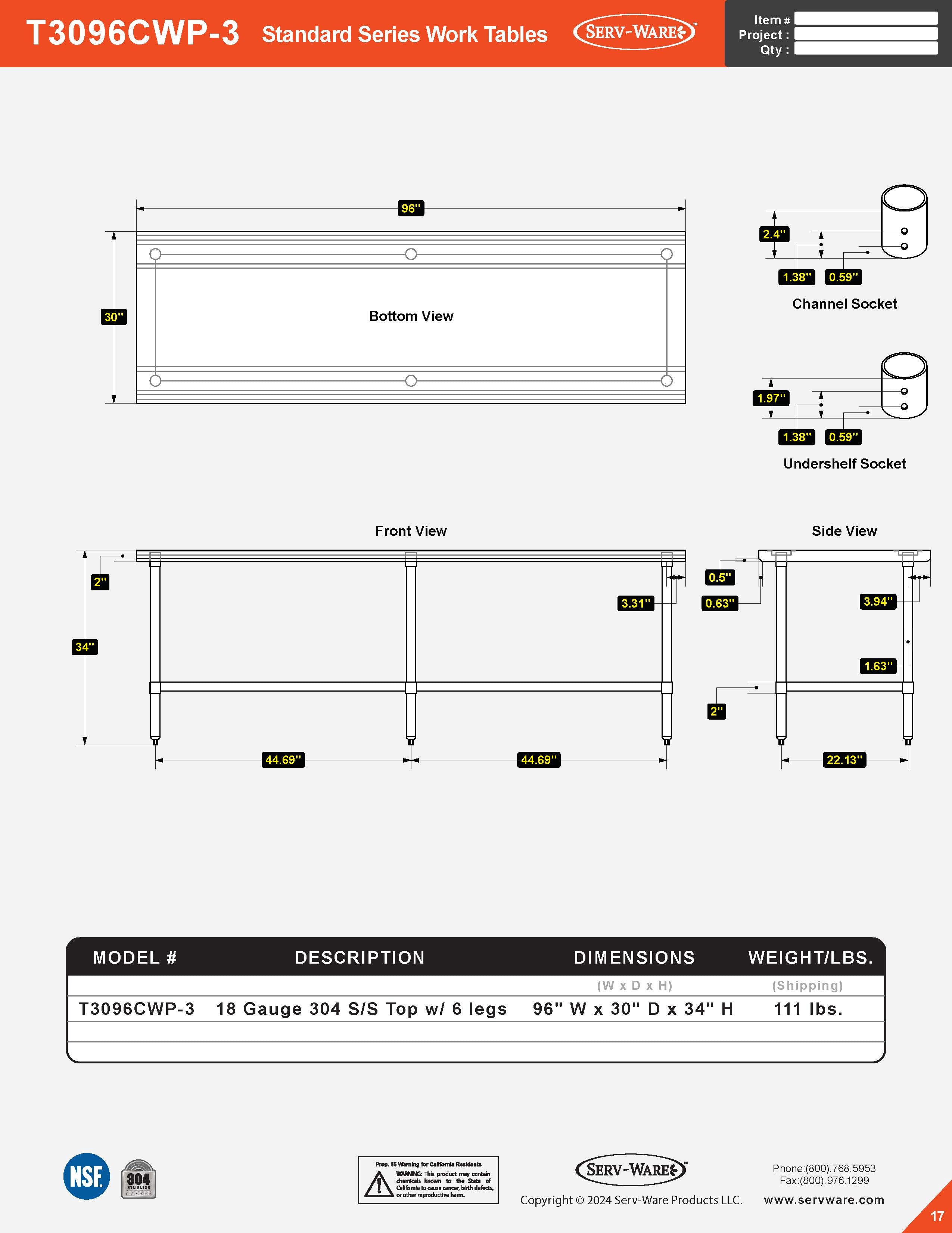 30” x 96” with 6 Legs Standard Series Work Table, T3096CWP-3