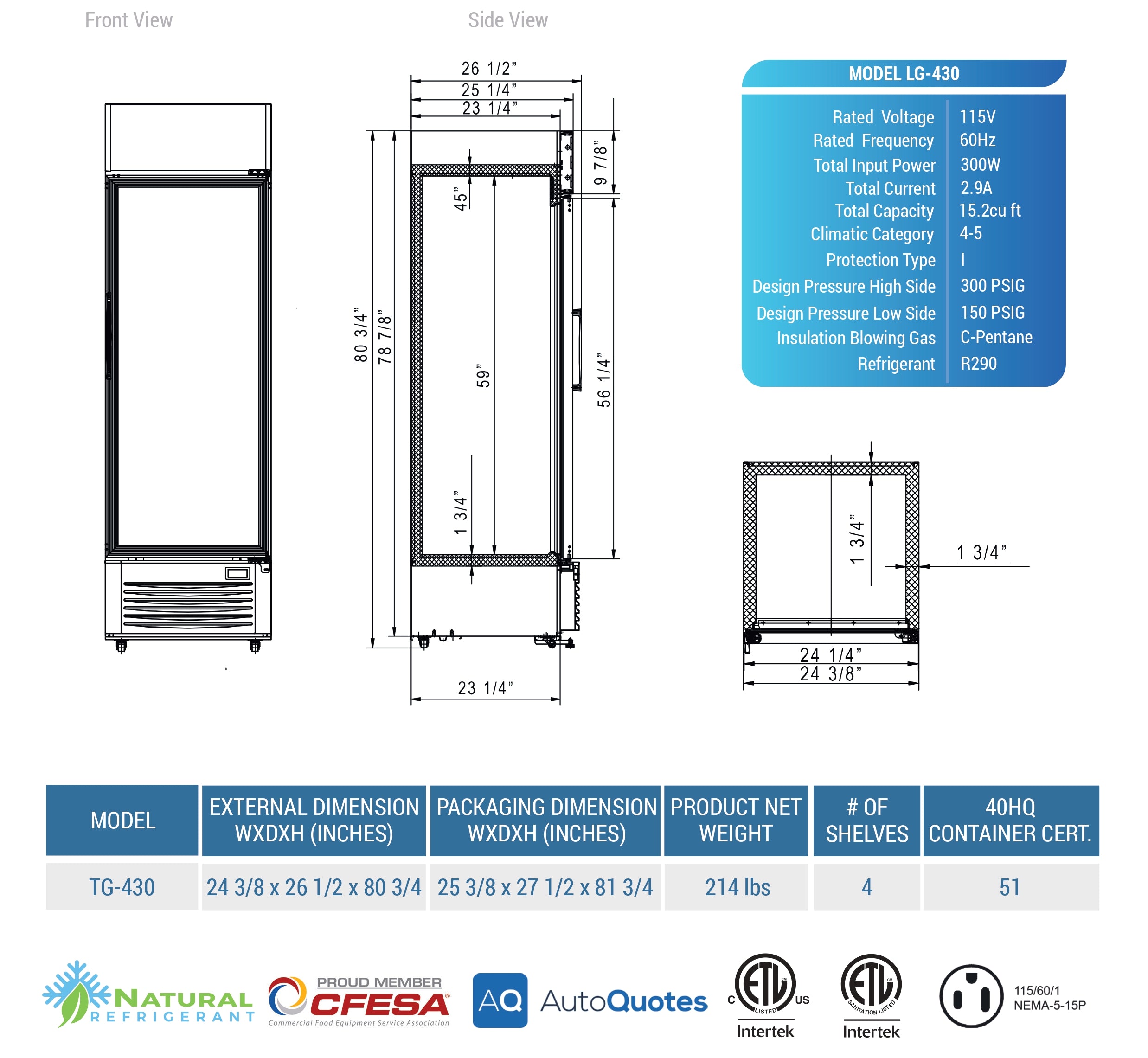 24" Commercial 1 Glass Door Merchandiser Refrigerator, TG-430