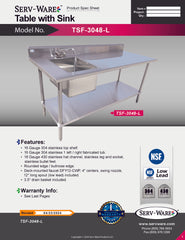 48" Table with Sink - 16 Gauge 304 Stainless ( Left Sink ),  TSF-3048-L