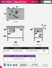 48" Table with Sink - 16 Gauge 304 Stainless ( Left Sink ),  TSF-3048-L