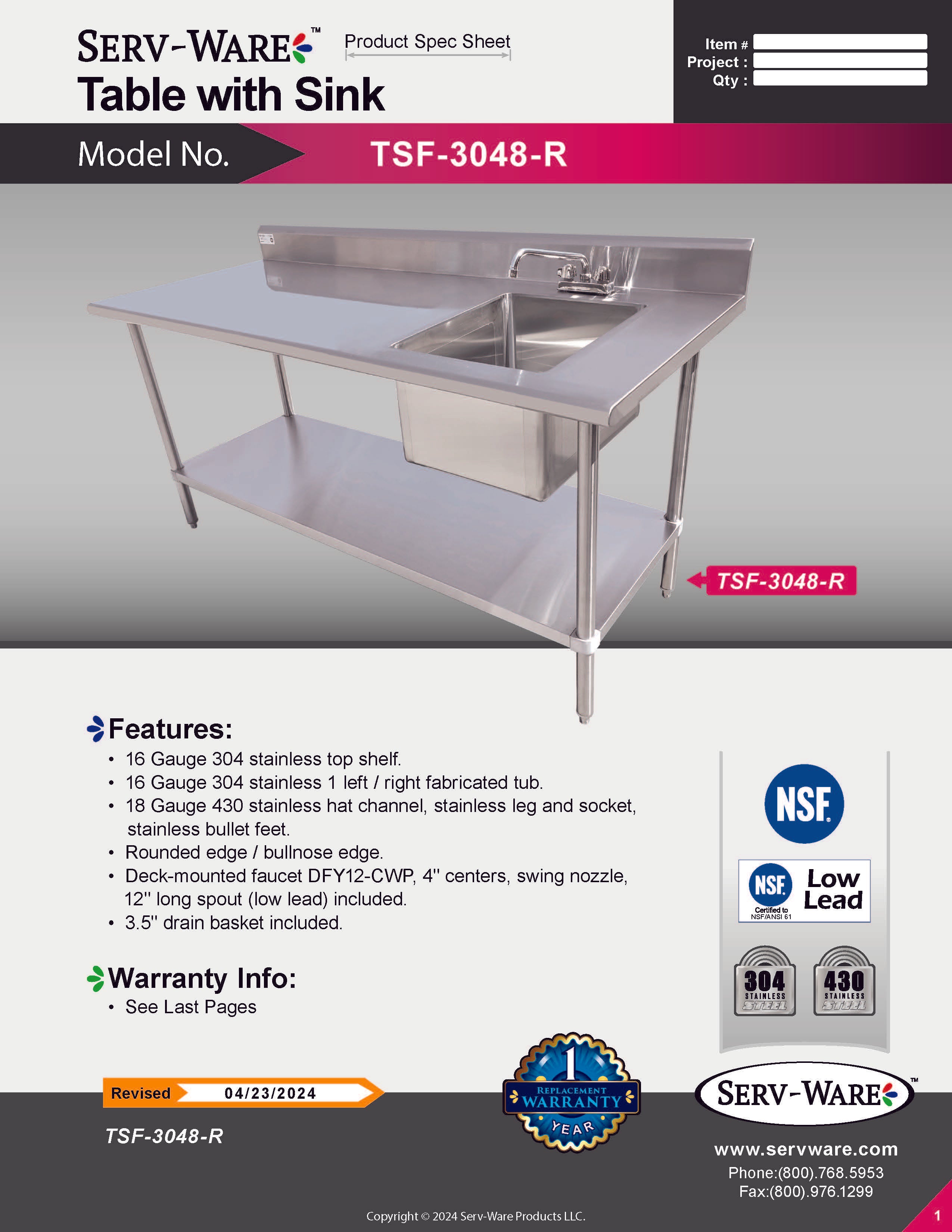 48" Table with Sink - 16 Gauge 304 Stainless ( Right Sink ),  TSF-3048-R