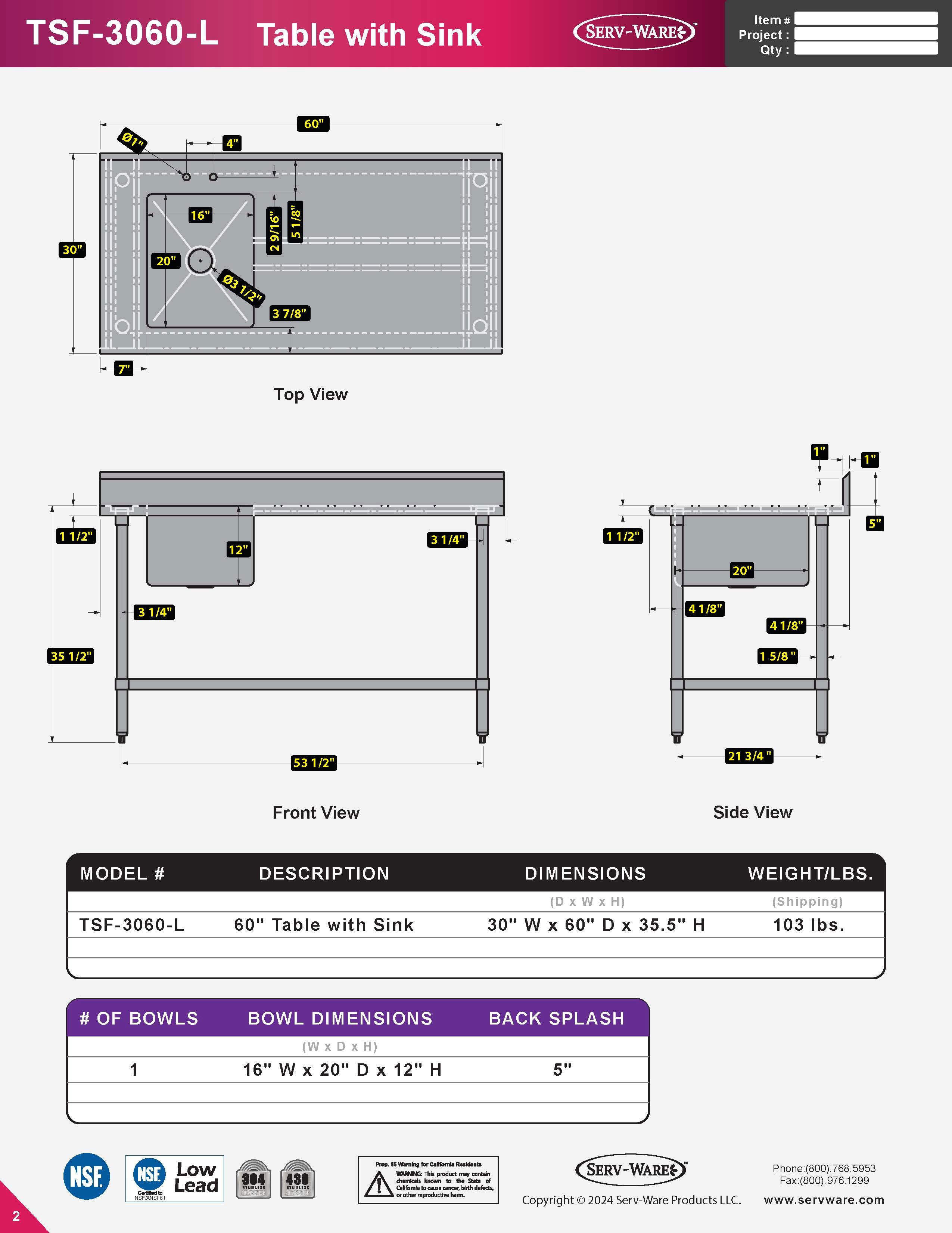 60" Table with Sink - 16 Gauge 304 Stainless ( Left Sink ), TSF-3060-L