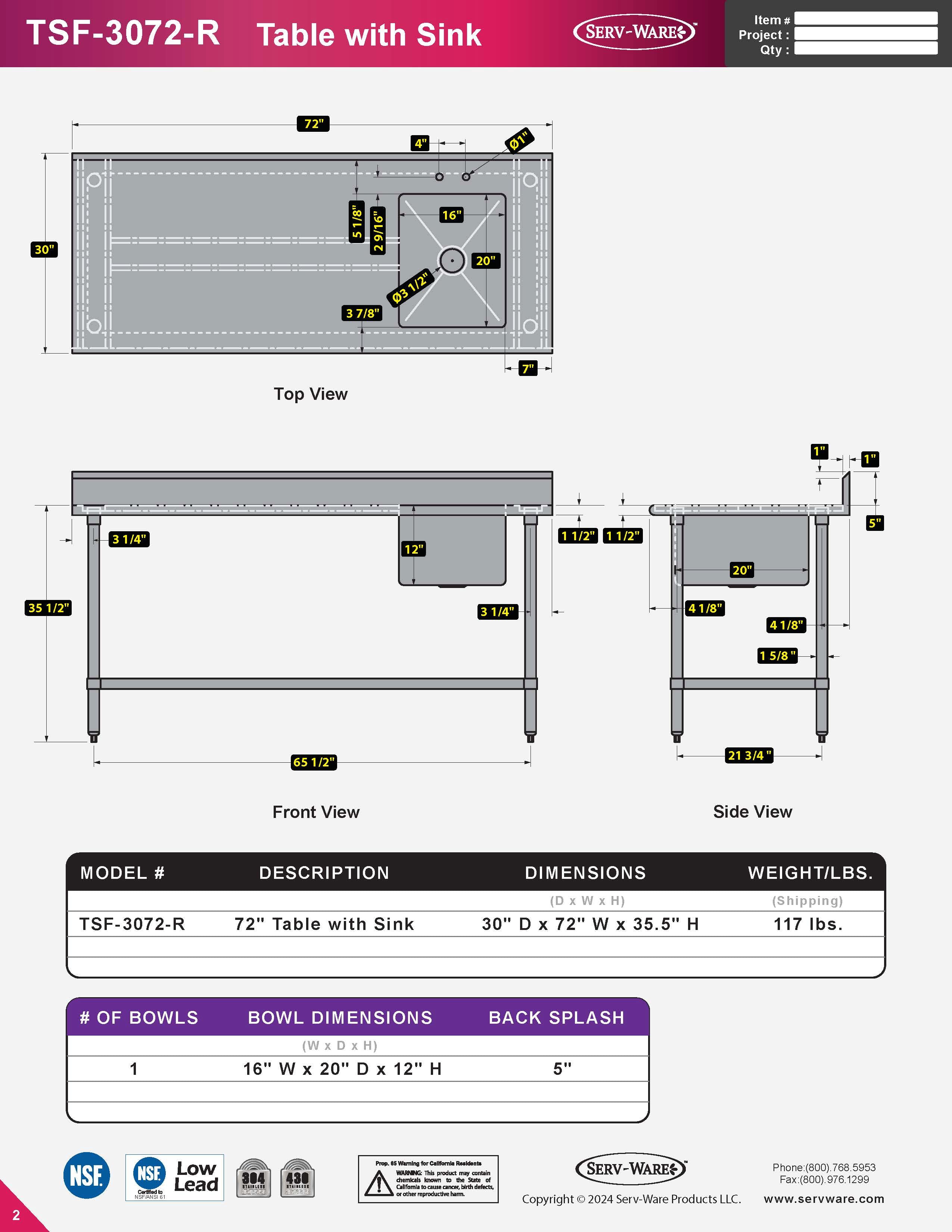 72" Table with Sink - 16 Gauge 304 Stainless ( Right Sink ), TSF-3072-R