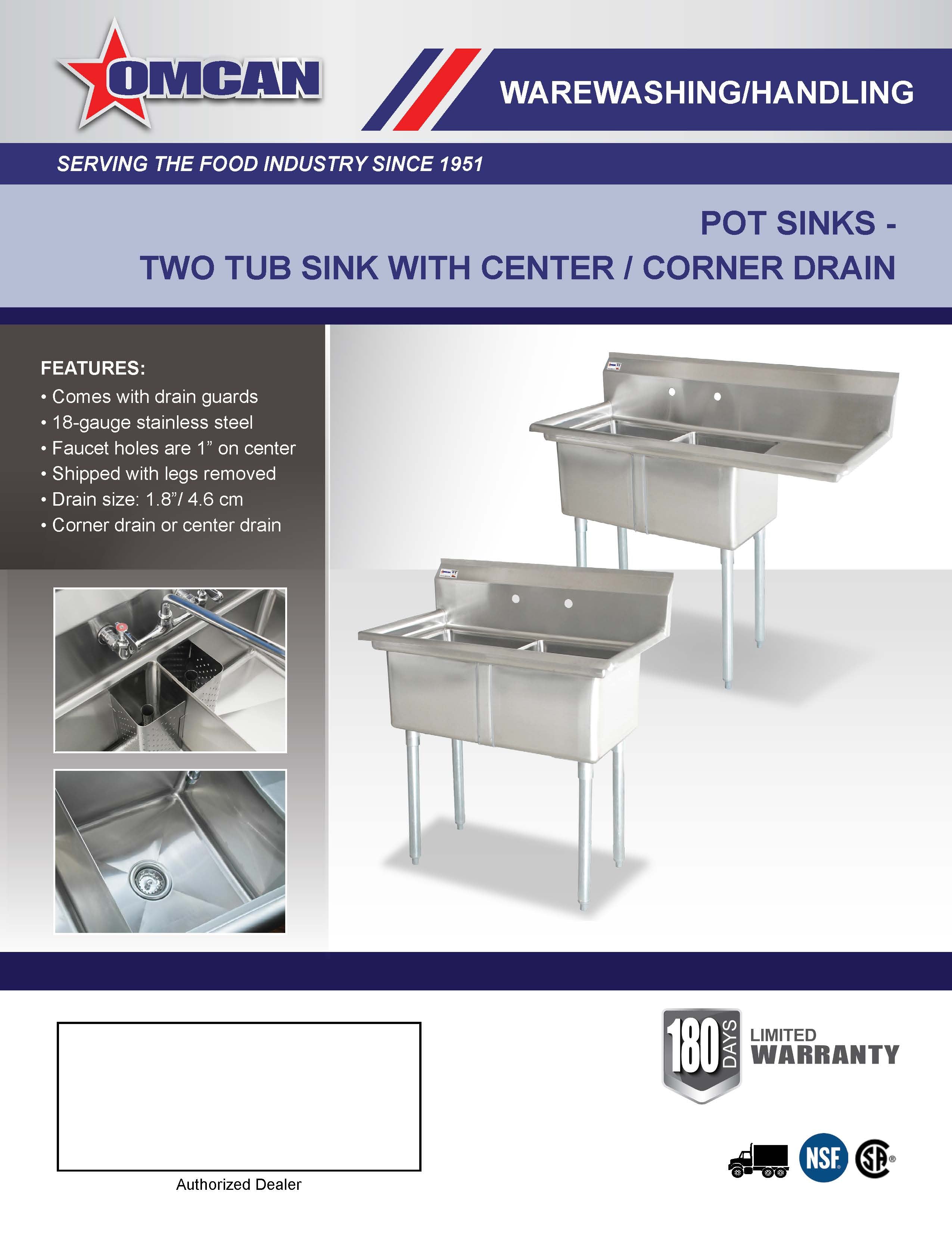 Omcan 24″ x 24″ x 14″ Two Tub Sink with 3.5″ Center Drain and No Drain Board