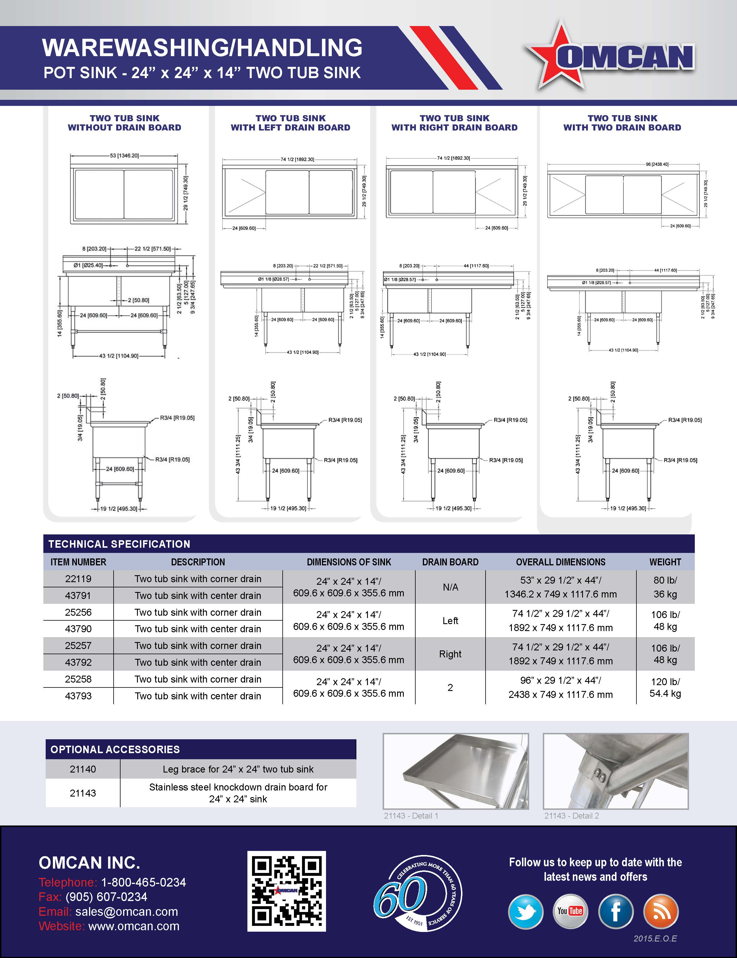 Omcan  24″ x 24″ x 14″ Two Tub Sink with 3.5″ Center Drain and Left Drain Board