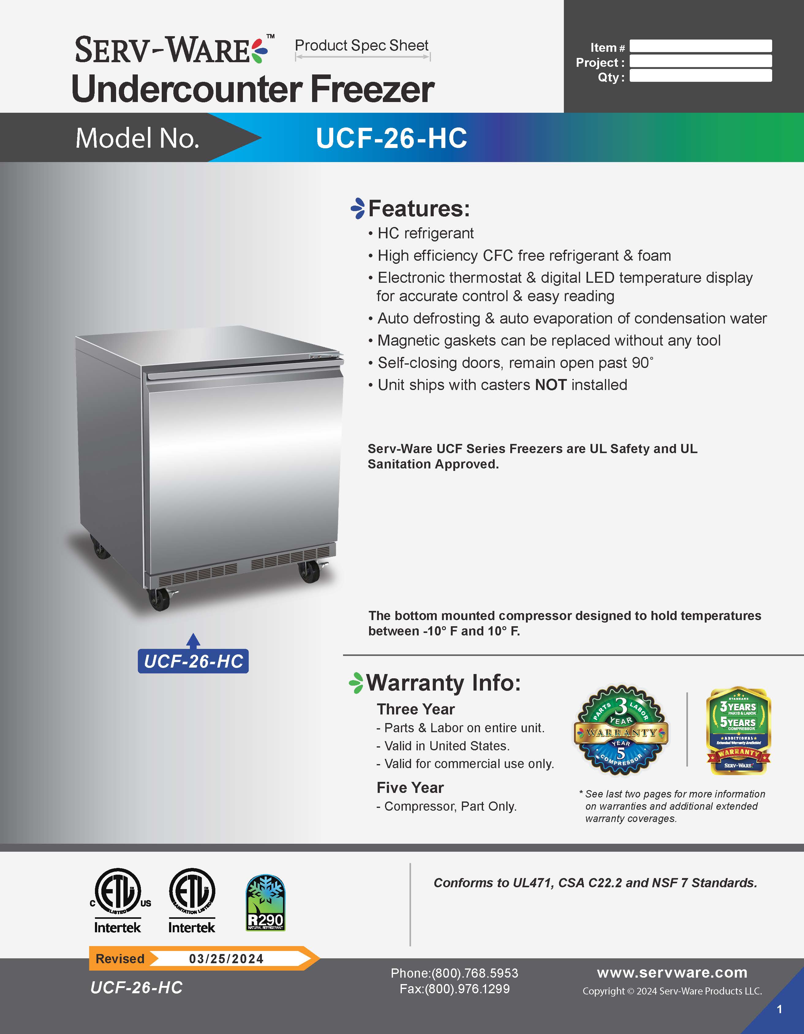 26" Undercounter Freezer, UCF-26-HC