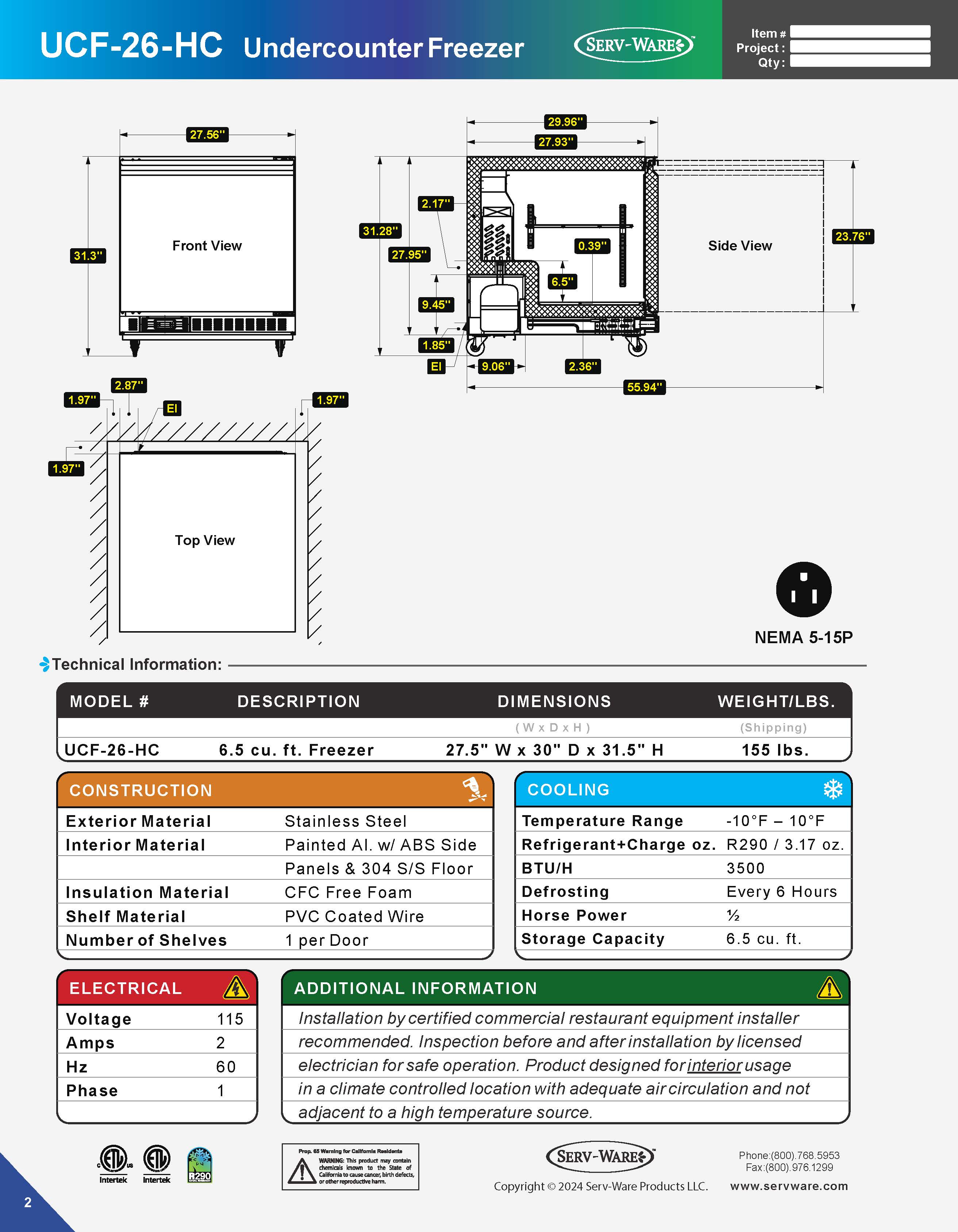 26" Undercounter Freezer, UCF-26-HC