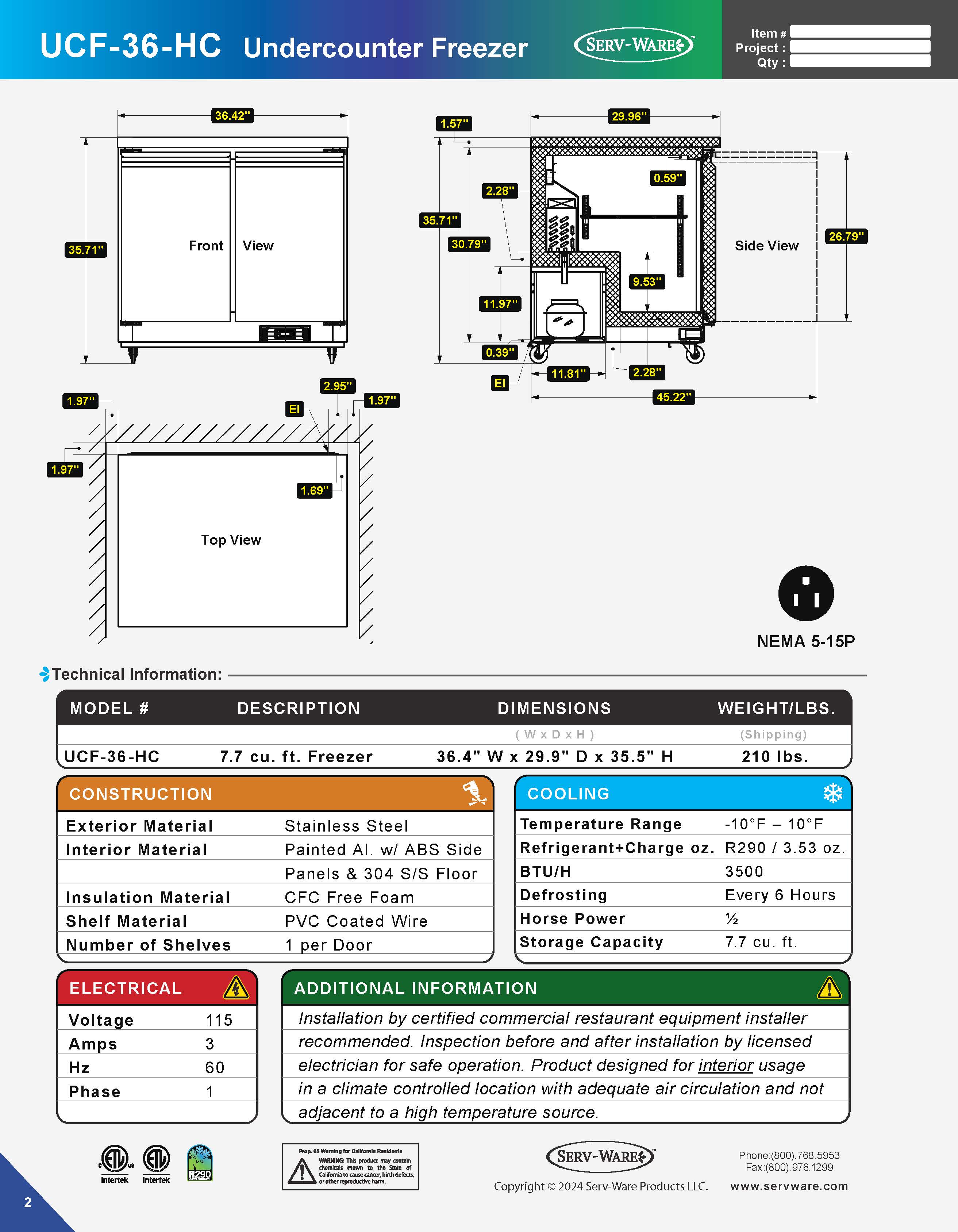 36" Undercounter Freezer, UCF-36-HC