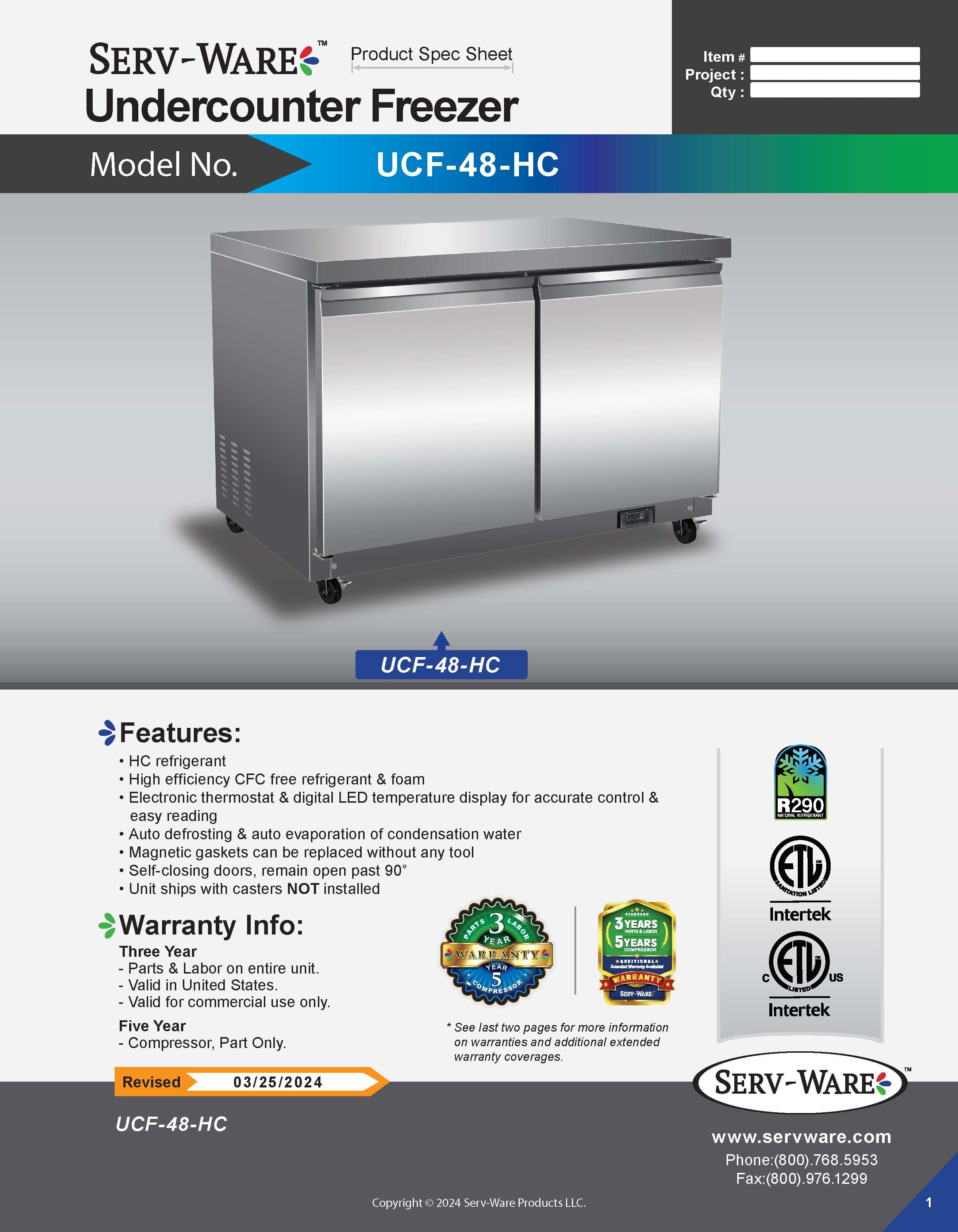 48" Undercounter Freezer, UCF-48-HC