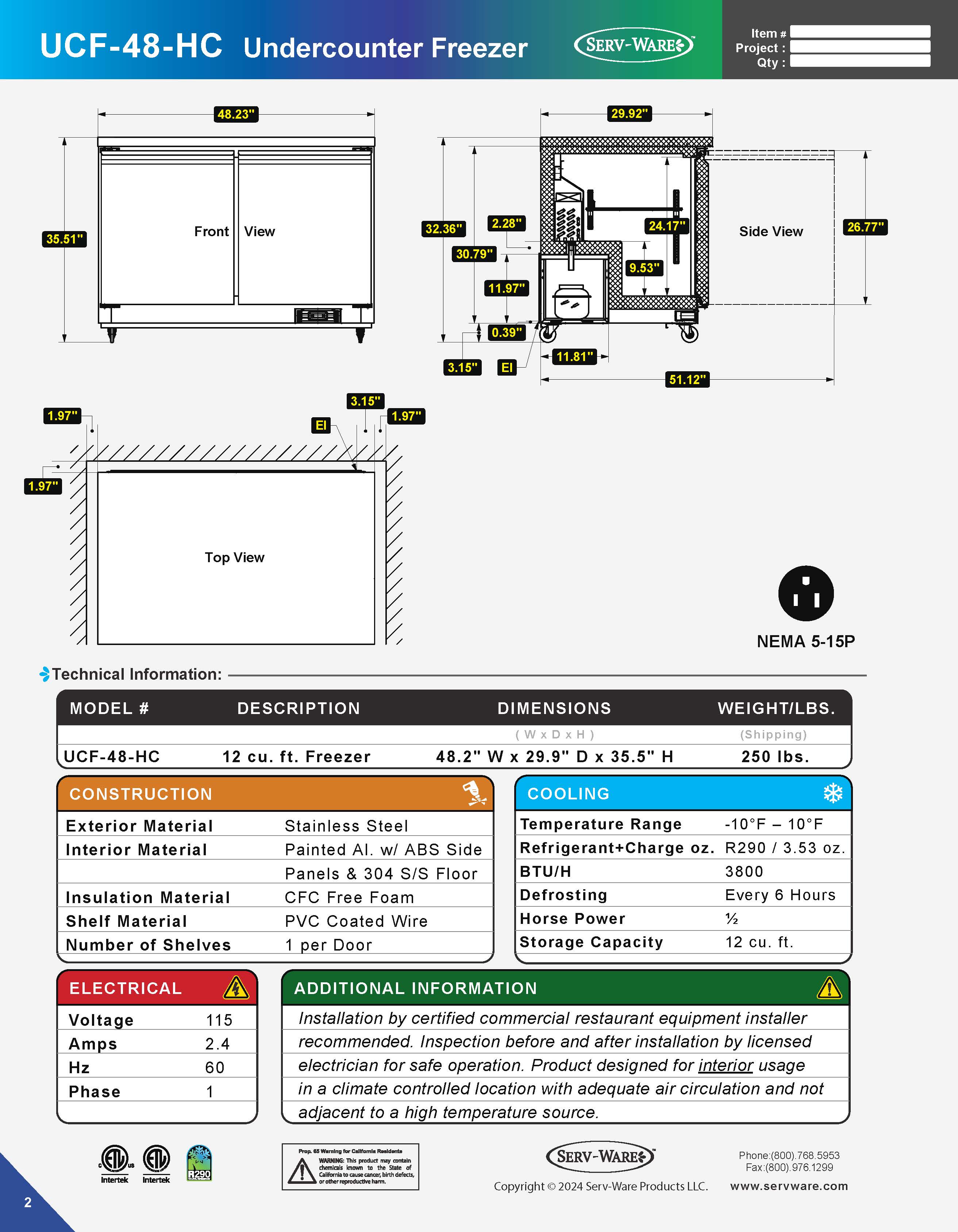 48" Undercounter Freezer, UCF-48-HC