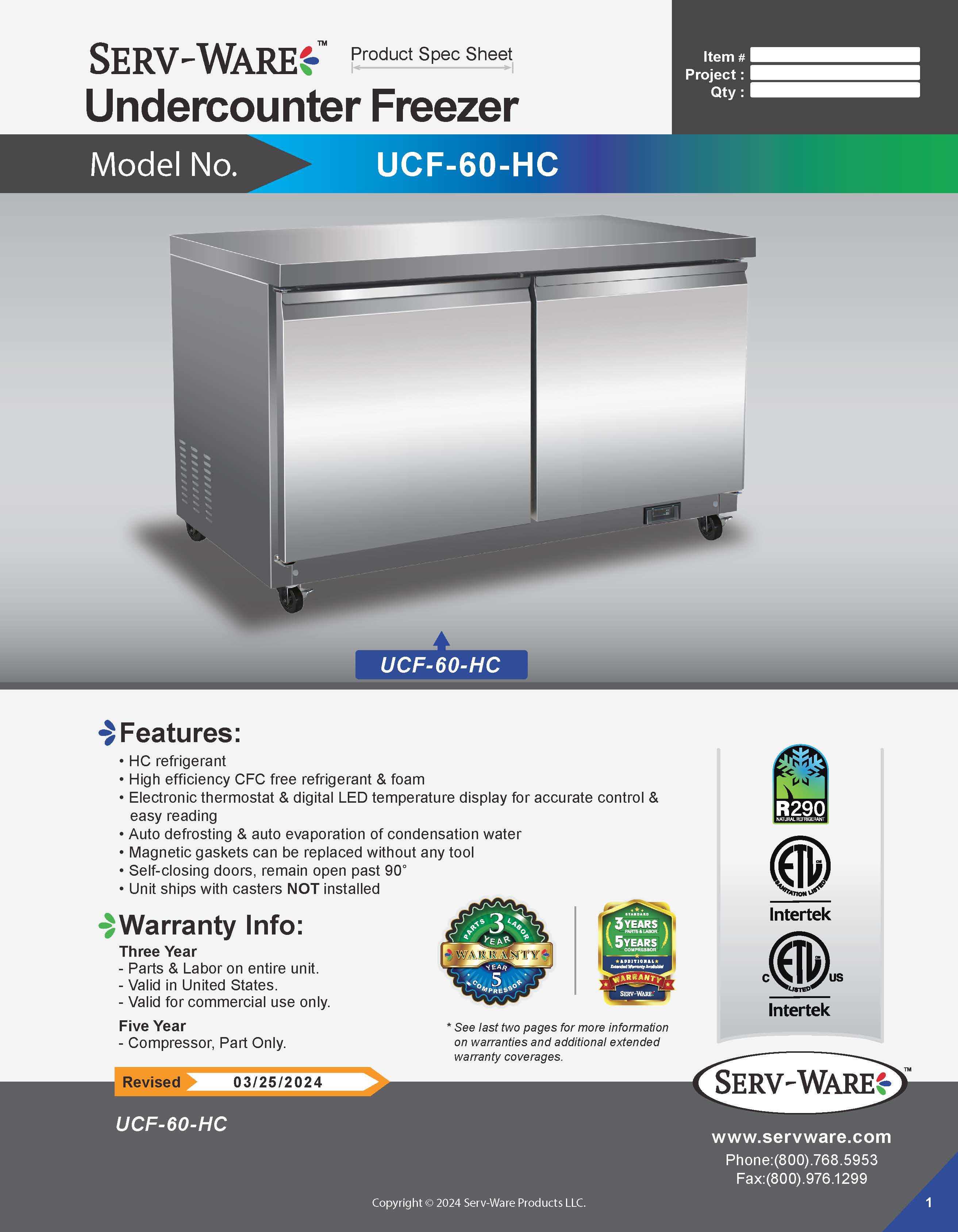 60" Undercounter Freezer, UCF-60-HC