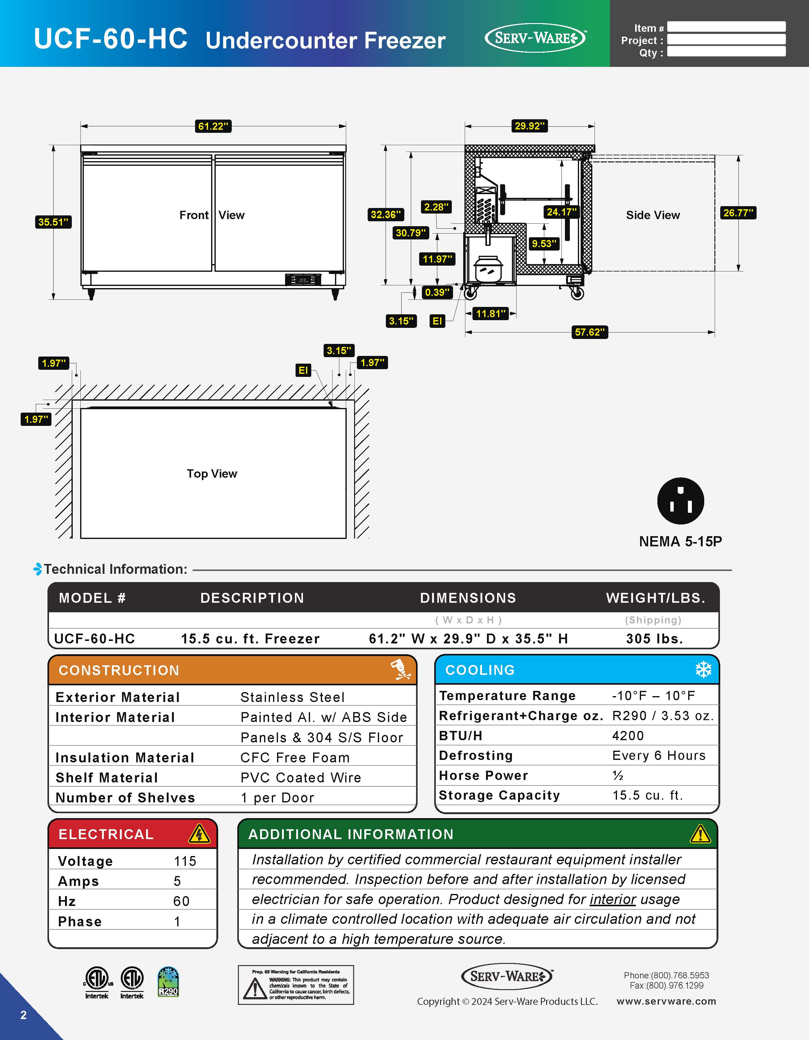 60" Undercounter Freezer, UCF-60-HC