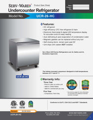 26" Undercounter Refrigerator, UCR-26-HC