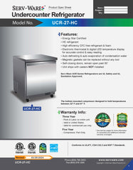 27" Undercounter Refrigerator, UCR-27-HC