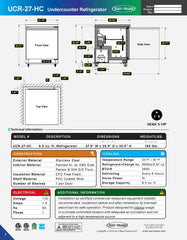 27" Undercounter Refrigerator, UCR-27-HC