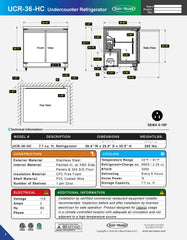 36" Undercounter Refrigerator, UCR-36-HC