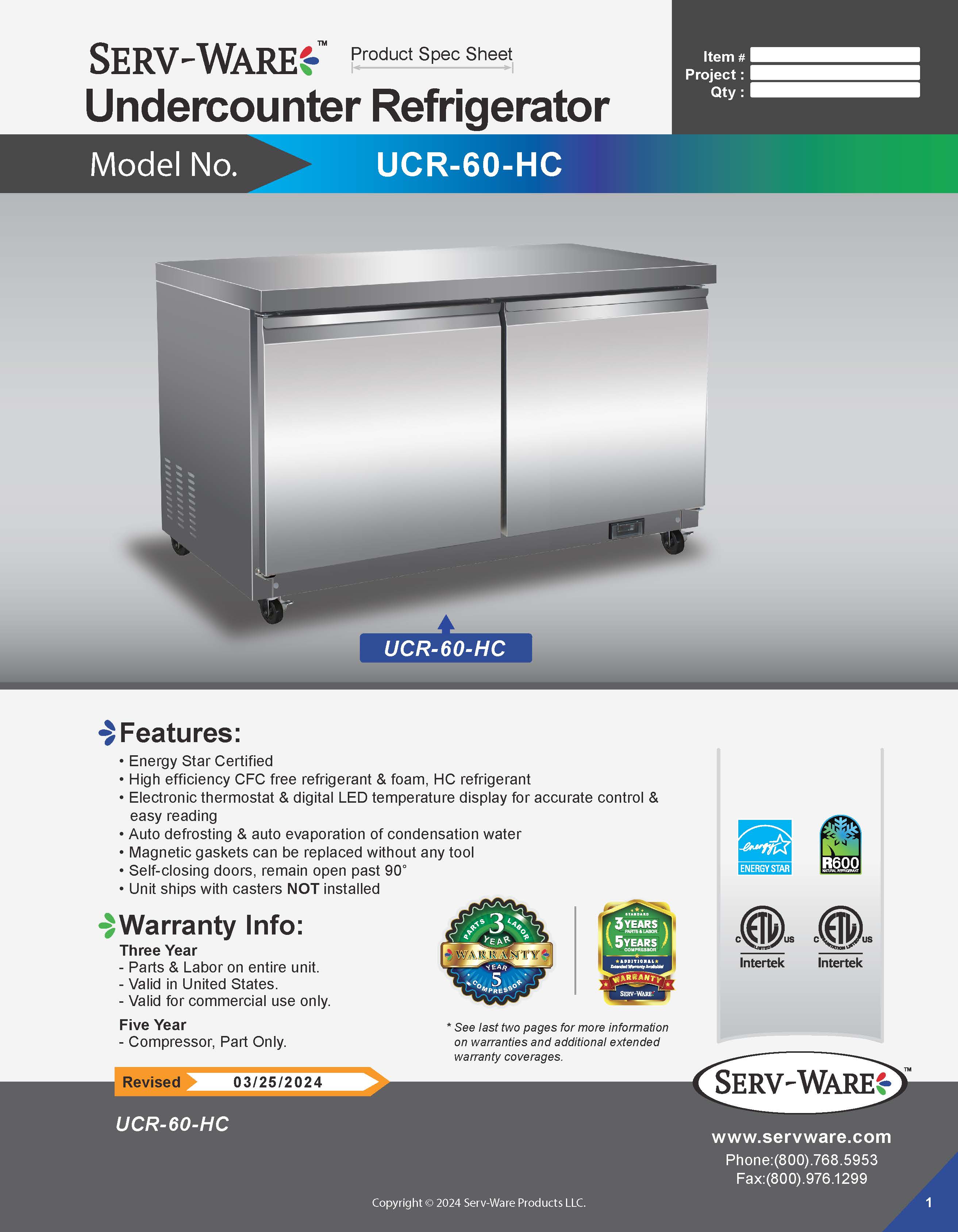 60" Undercounter Refrigerator, UCR-60-HC