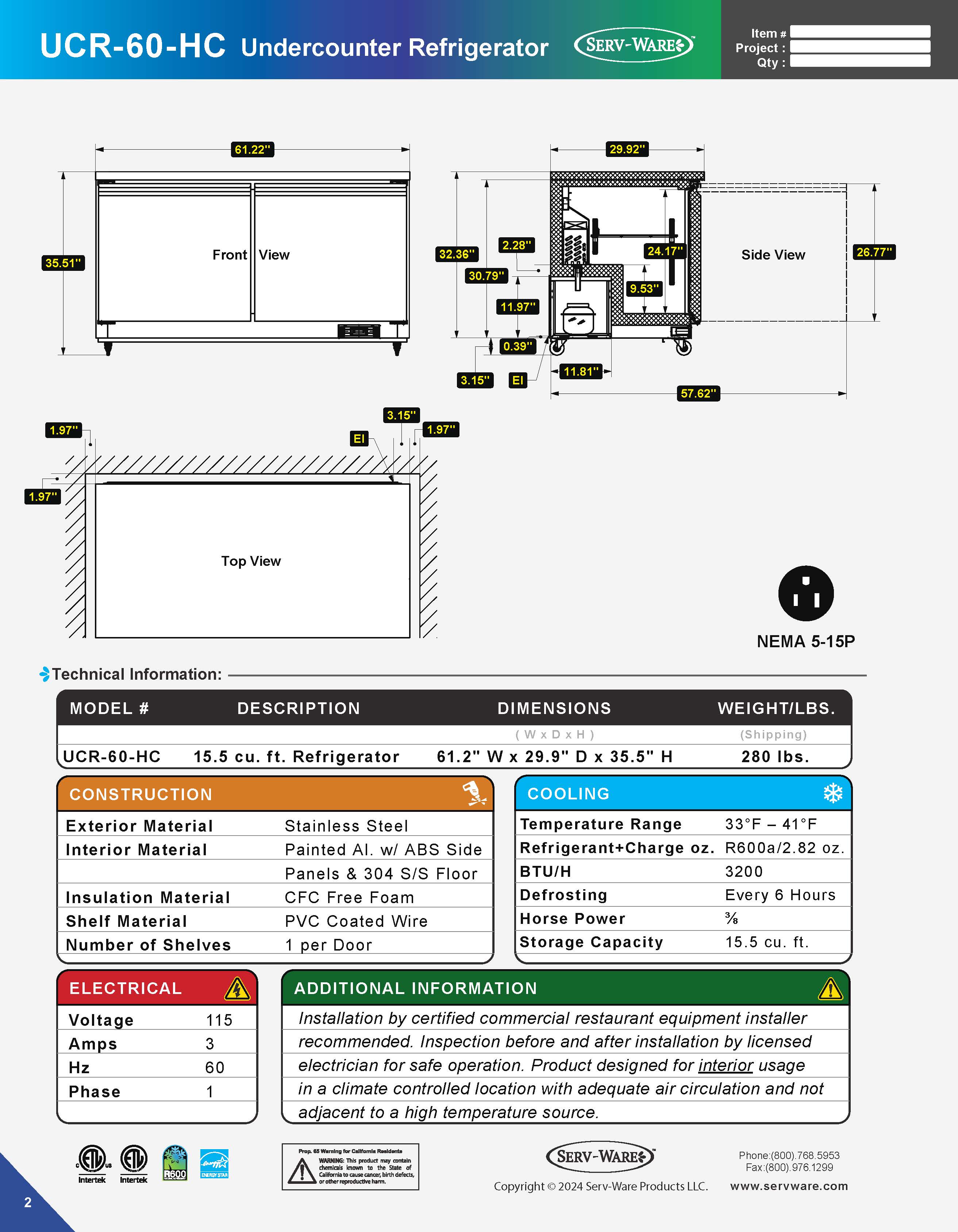 60" Undercounter Refrigerator, UCR-60-HC