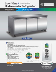 72" Undercounter Refrigerator, UCR-72-HC