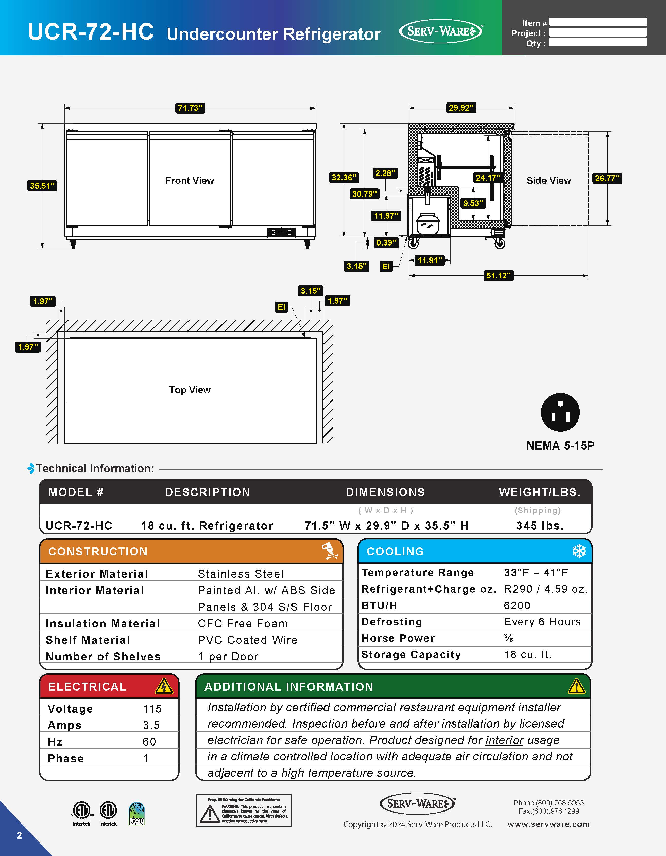 72" Undercounter Refrigerator, UCR-72-HC