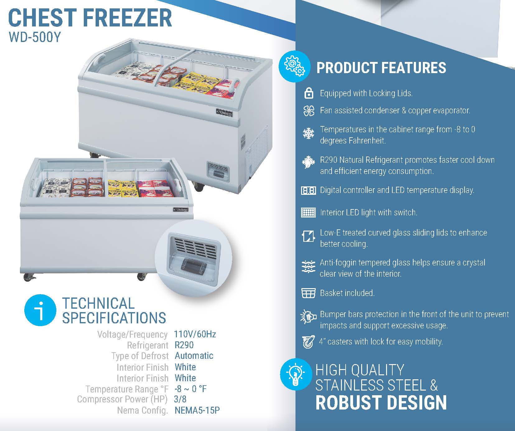 56" Glass Door Frozen Food or Ice Cream Chest Freezer Display, WD-500Y