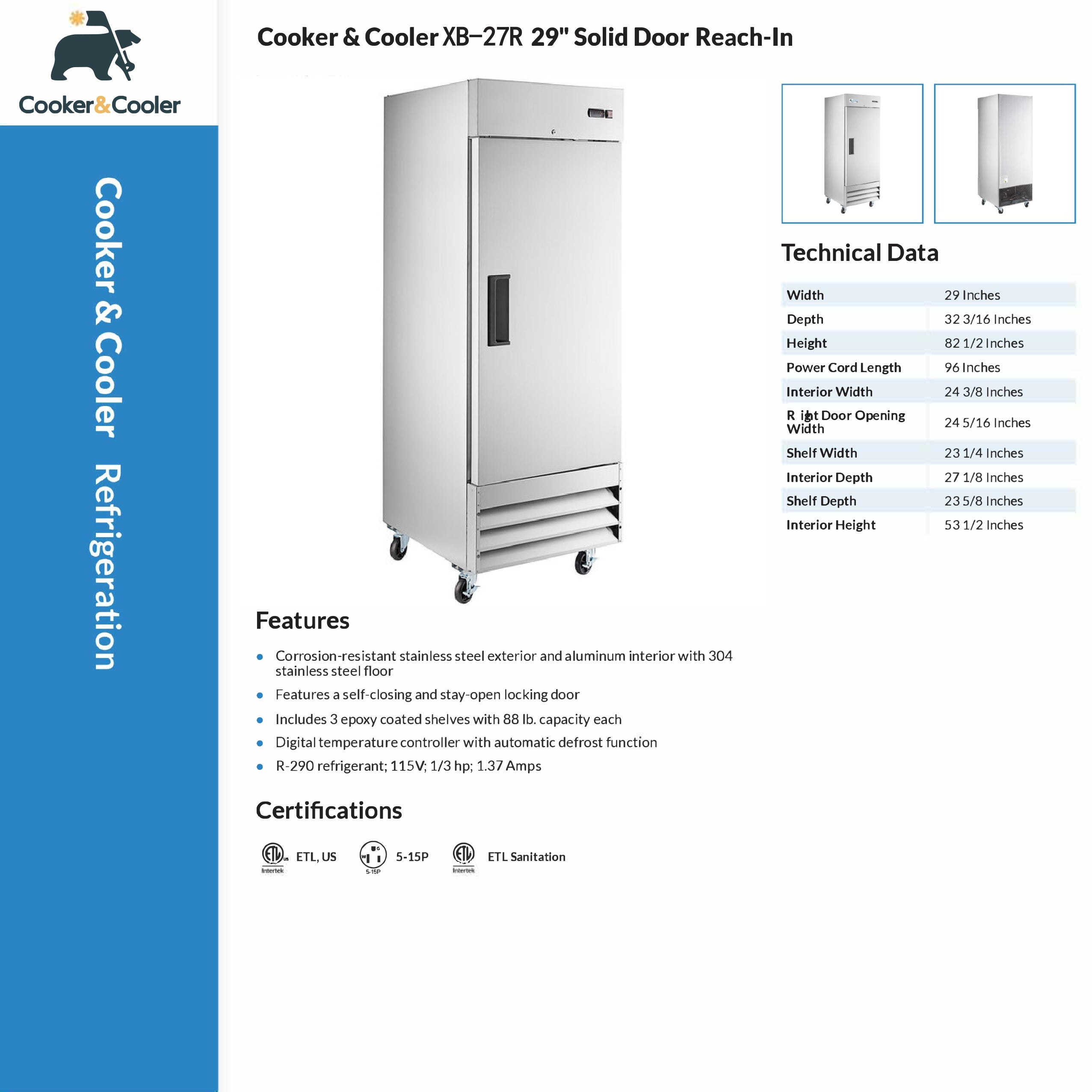 27" Solid Door Reach-In Refrigerator, MR-23