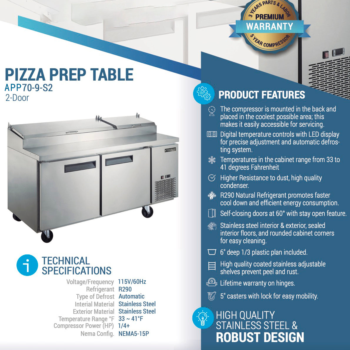 APP70-9-S2, Commercial 70" 9 Pan Pizza Prep Table Refrigerator