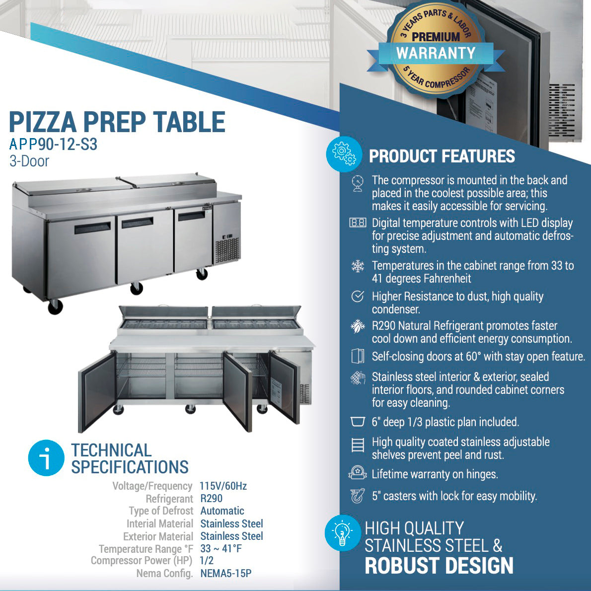 APP90-12-S3, Commercial 90" 12 Pan Pizza Prep Table Refrigerator