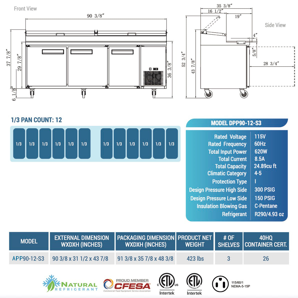 APP90-12-S3, Commercial 90" 12 Pan Pizza Prep Table Refrigerator