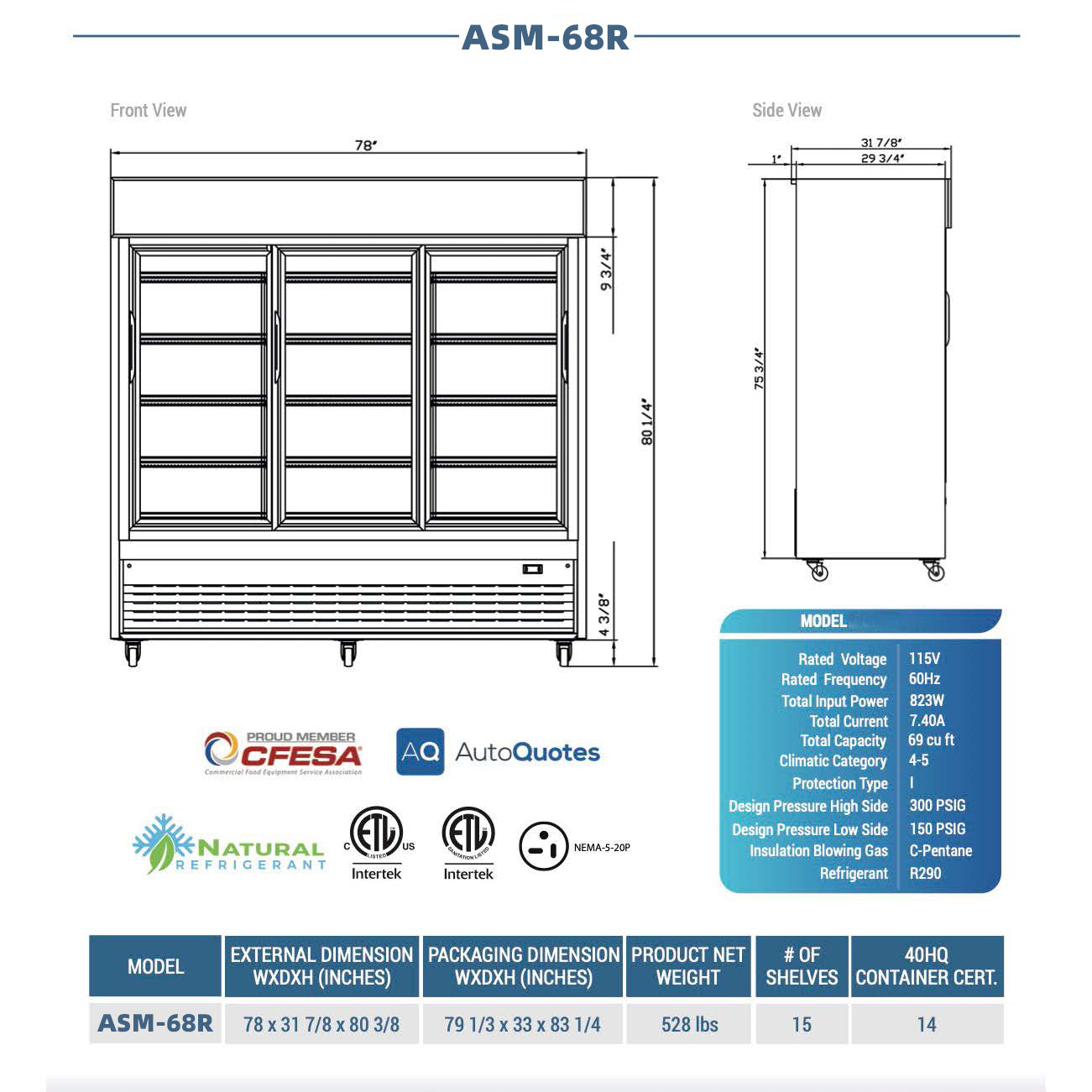 78" 3-Glass-Door Merchandiser Refrigerator, ASM-68R