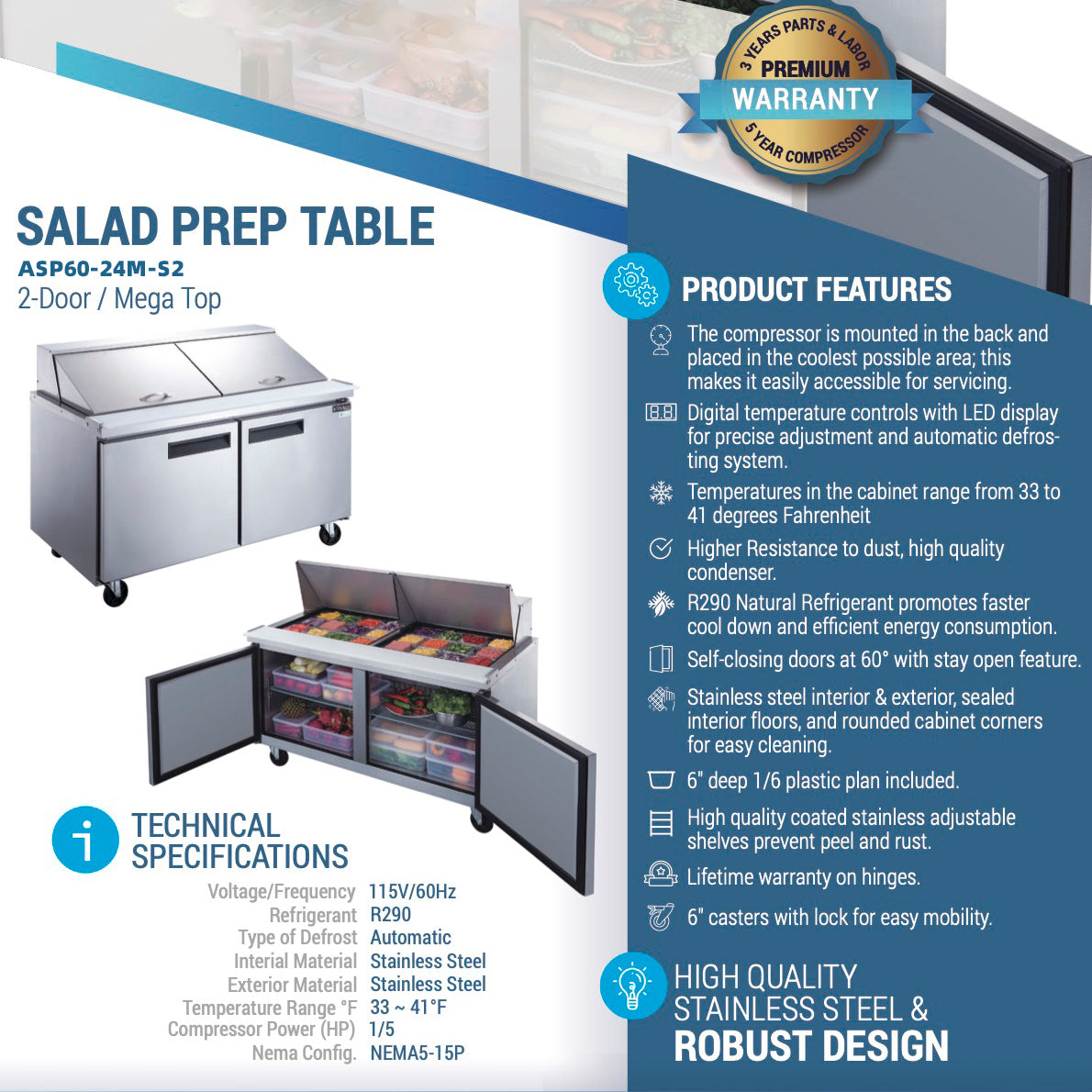 60" 24 Pan Salad, Sandwich Food Prep Table Refrigerator, ASP60-24M-S2, Mega Top 14.33