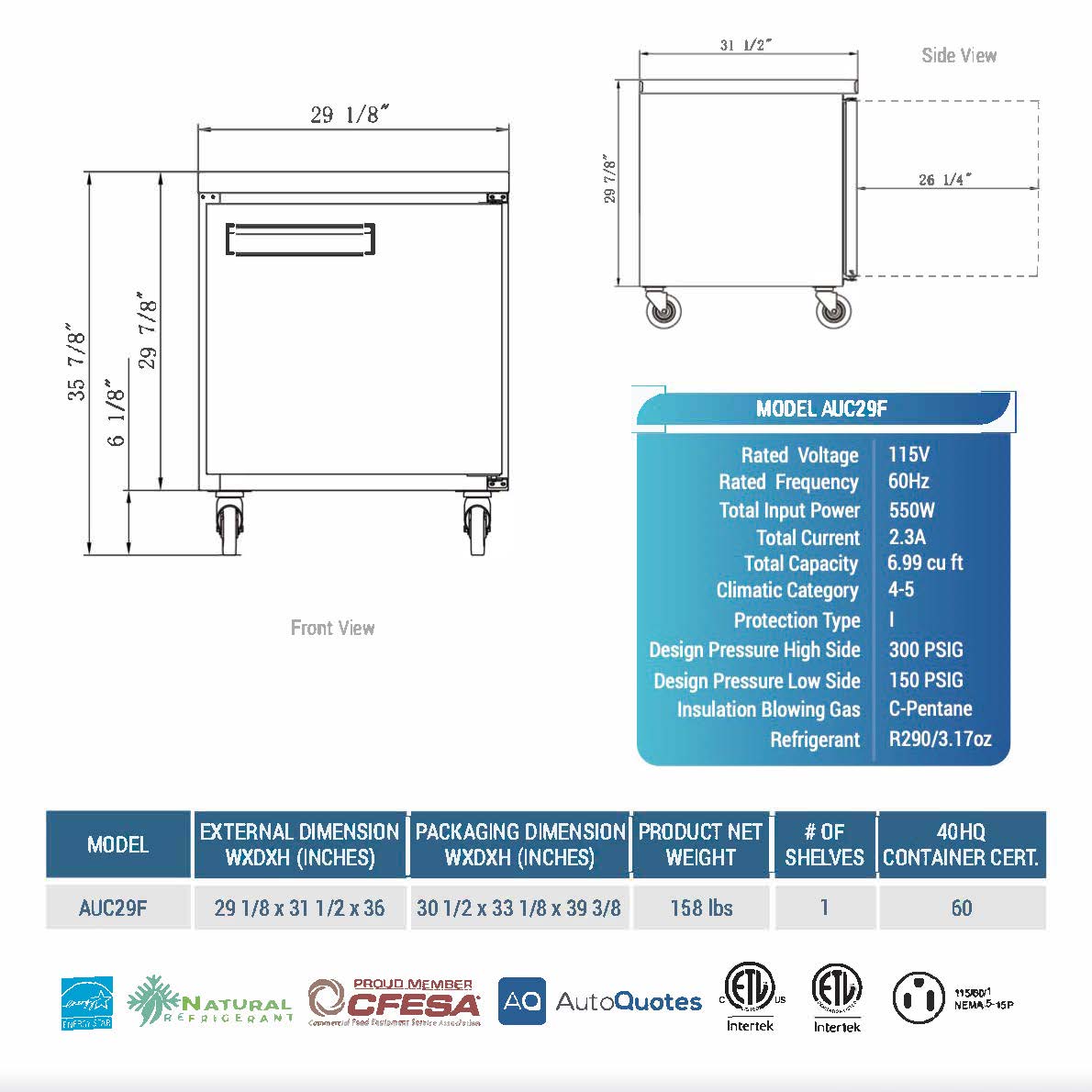 29" Undercounter Freezer, AUC29F