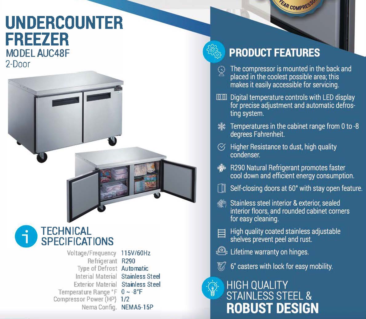 48" Undercounter Freezer, AUC48F