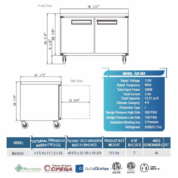 48" Undercounter Refrigerator, AUC48R