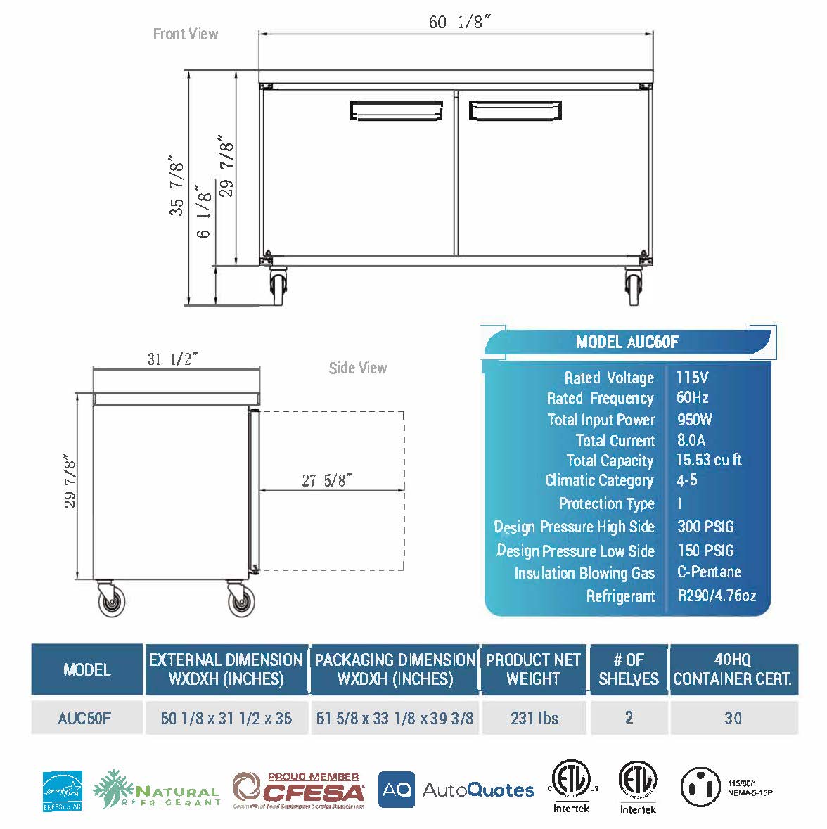 60" Undercounter Freezer, AUC60F