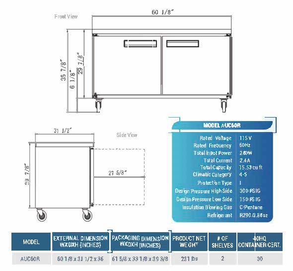 60" Undercounter Refrigerator, AUC60R