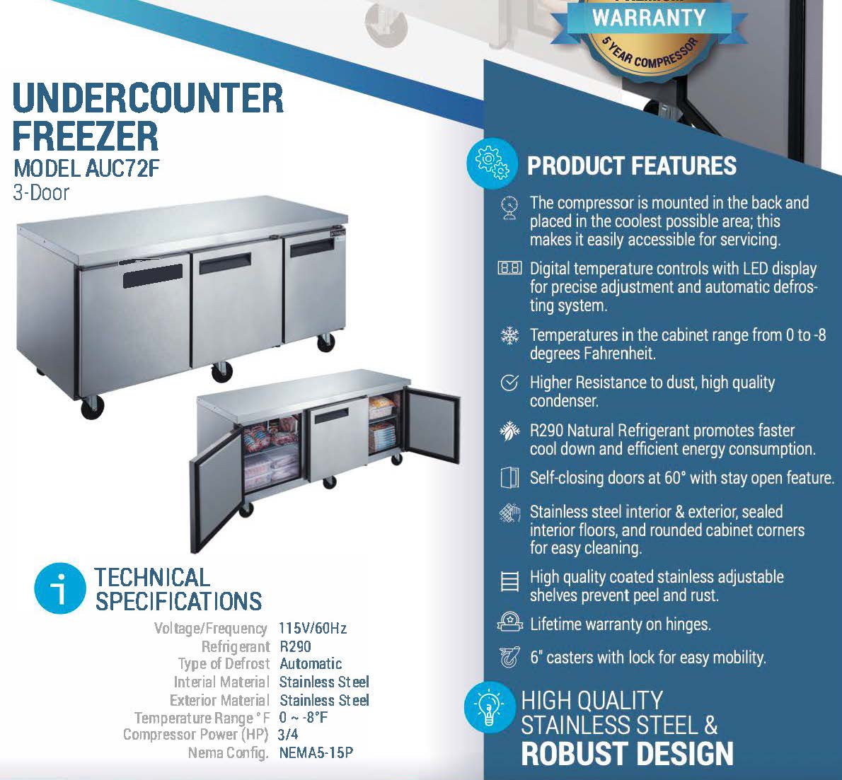 72"  Undercounter Freezer, AUC72F