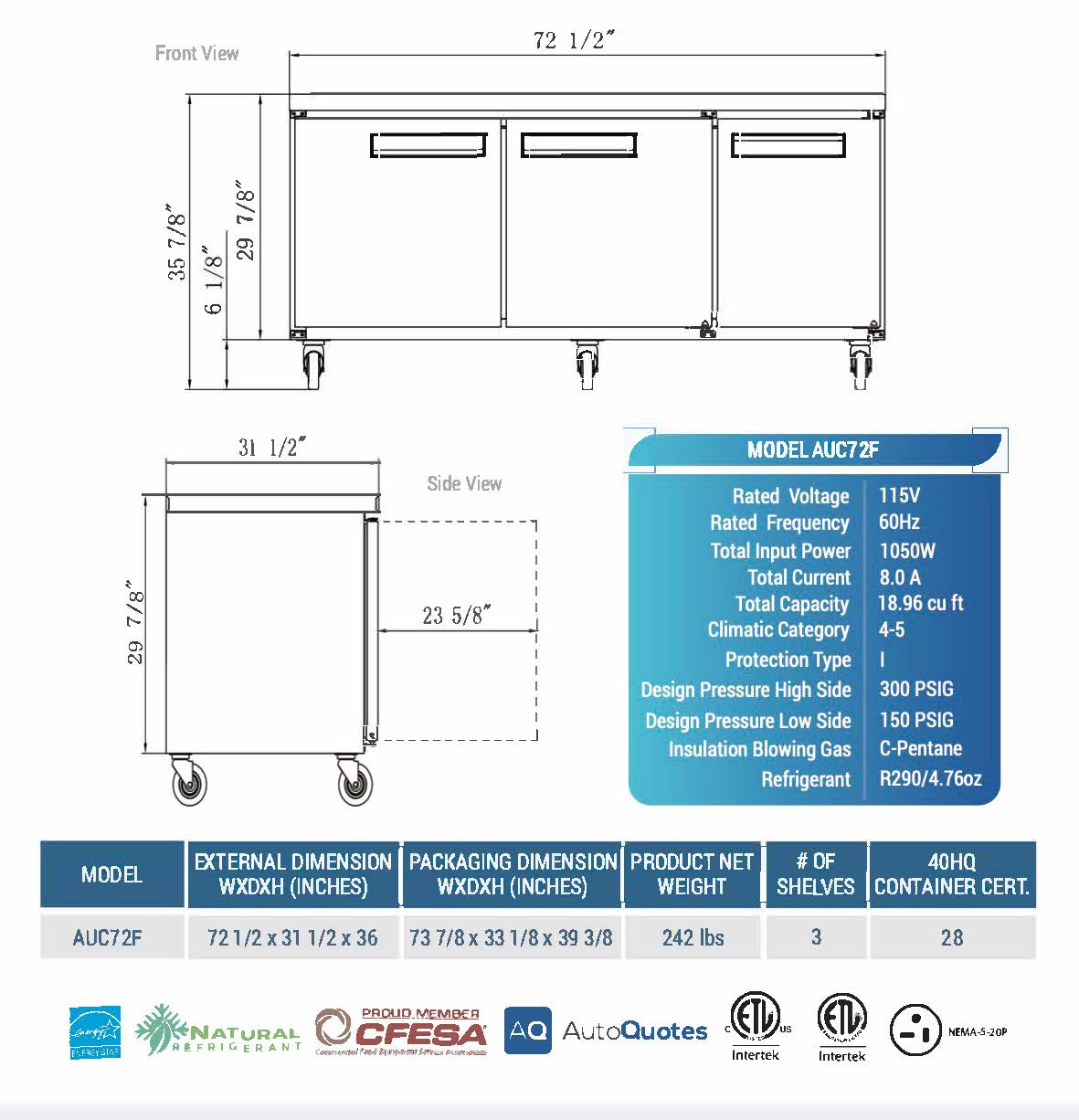 72"  Undercounter Freezer, AUC72F