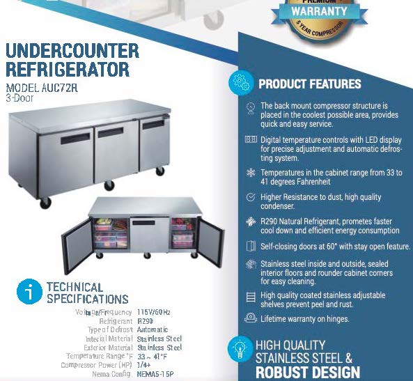 72" Undercounter Refrigerator, AUC72R