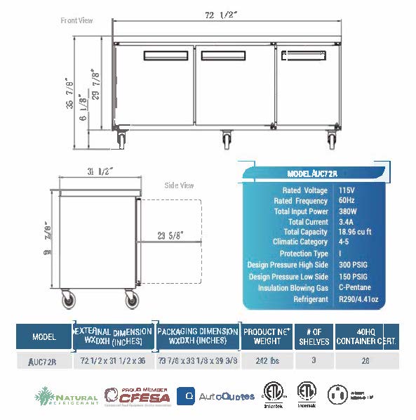 72" Undercounter Refrigerator, AUC72R