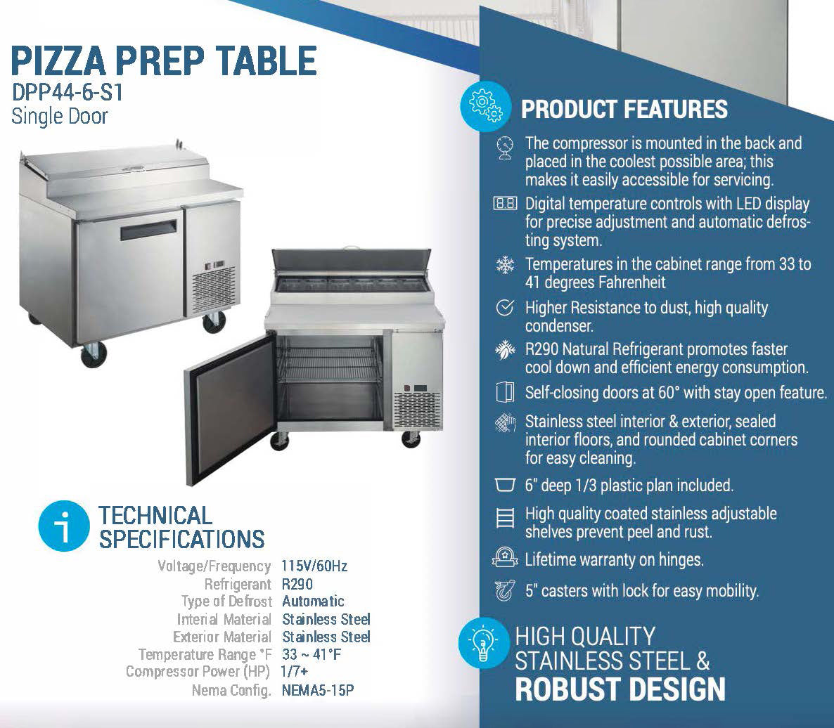 DPP44-6-S1, Commercial 44" 6 pan Pizza Prep Table Refrigerator