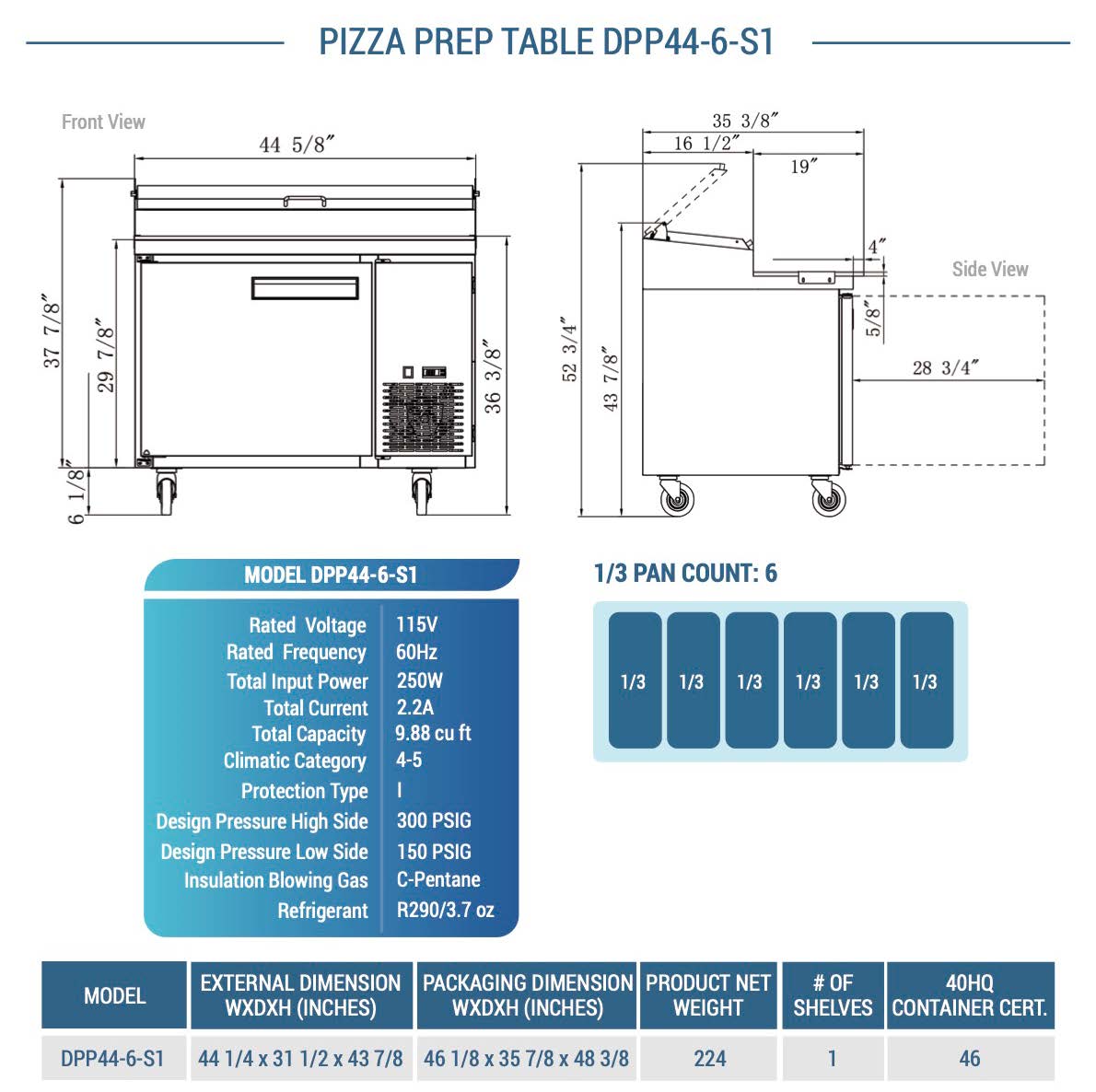 DPP44-6-S1, Commercial 44" 6 pan Pizza Prep Table Refrigerator