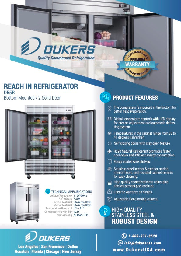 55" 2 Solid Door Reach-In Refrigerator Stainless Steel, D55R