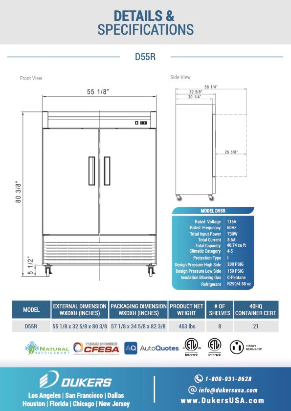 55" 2 Solid Door Reach-In Refrigerator Stainless Steel, D55R