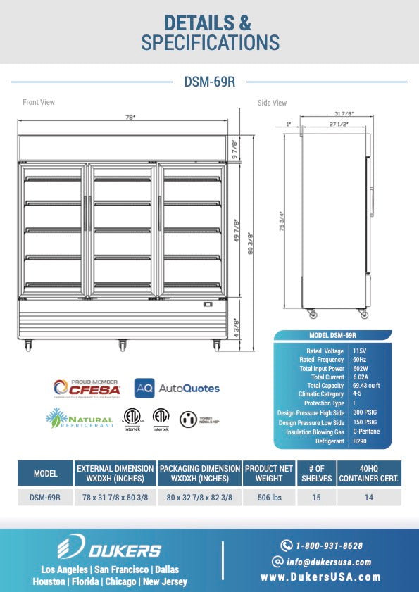 78" 3 Glass Door Merchandiser Refrigerator, DSM-69R