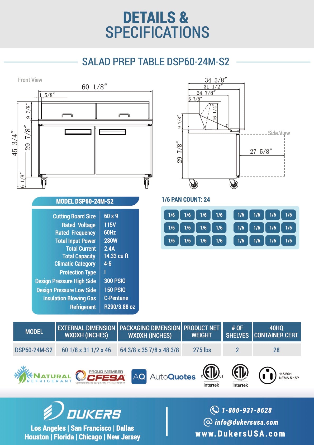 60" 24 Pan Salad, Sandwich Food Prep Table Refrigerator, DSP60-24M-S2, Mega Top 14.33