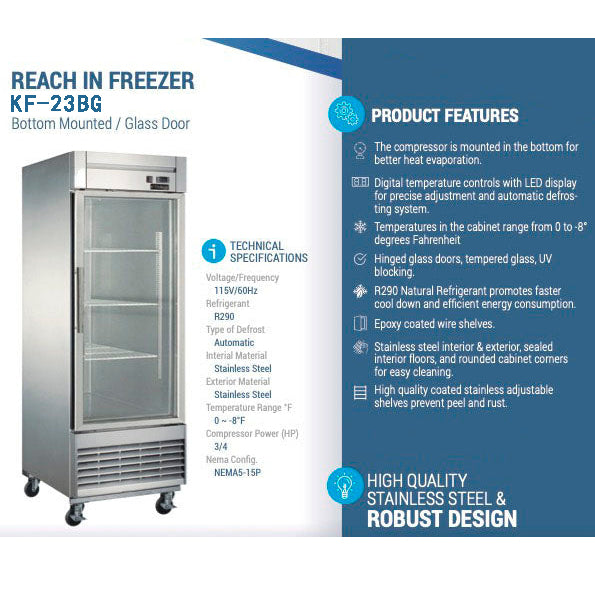 KF-23BG Reach-in Display Freezer, 28"*33"*80", 1-Year labor & Parts 5-Year compressor